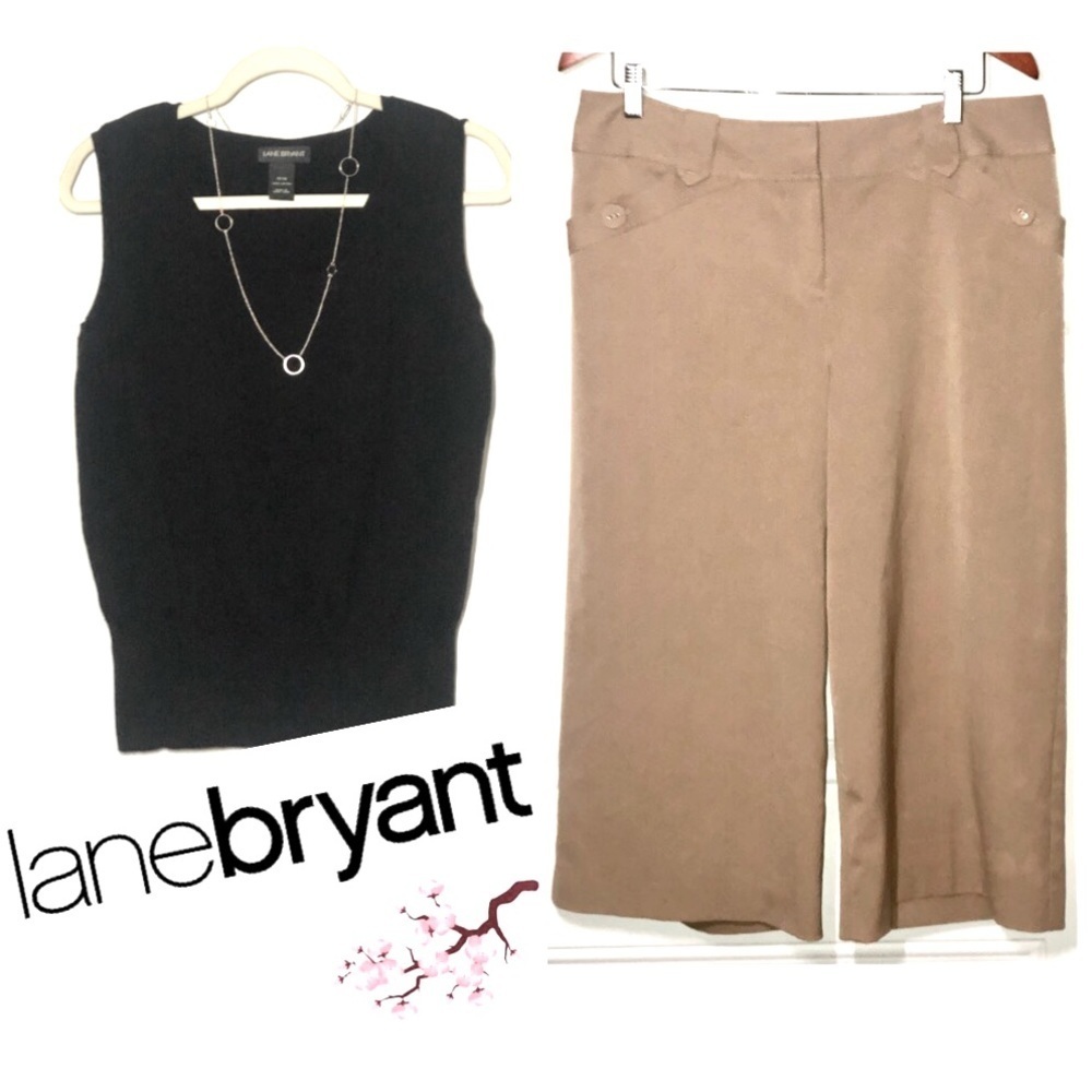Lane Bryant Sleeveless Black Sweater 14/16 and Cropped Tan Dress Pants Size 14